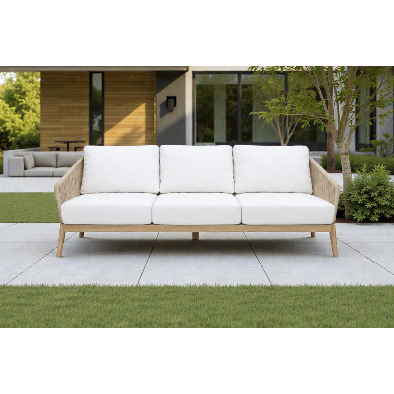 72-Inch Acacia Wood Outdoor Patio Sofa with Cushions – Rope Weave Frame, No Assembly Required, Natural Wood Outdoor Seating