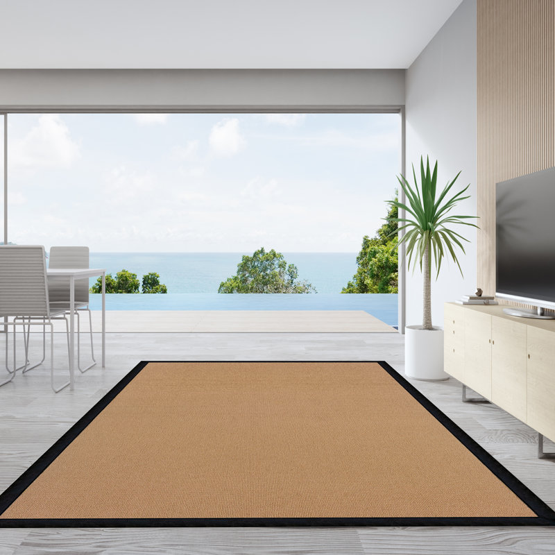 Nannette Handmade Dark Beige Berber with Black Faux Leather Border Made in the USA Area Rug, Rectangle 9'10" x 13'
