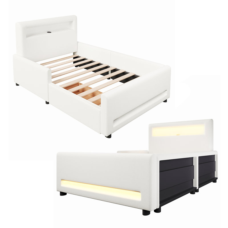 Lit plateforme à DEL avec cadre en polyuréthane rembourré, port USB et tiroir de rangement intégré, Lit simple, White