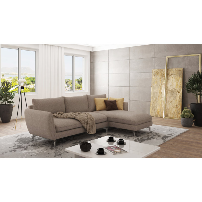 Modern L-Shape Corner Sofa Kimo with Silver Metal Legs, Dark Beige, Right Hand Facing