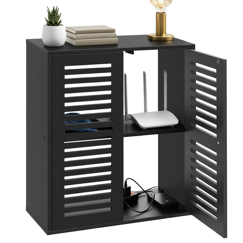 27" Wide Wifi Router Storage Cabinet And Cable Management Box - Walnut, Black