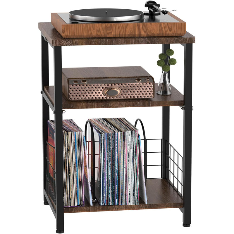 3-Tier Record Player Stand With Vinyl Storage Basket, Turntable Table For Up To 100 Albums, Multi-Functional End Side Table For Living Room, Bedroom, Office