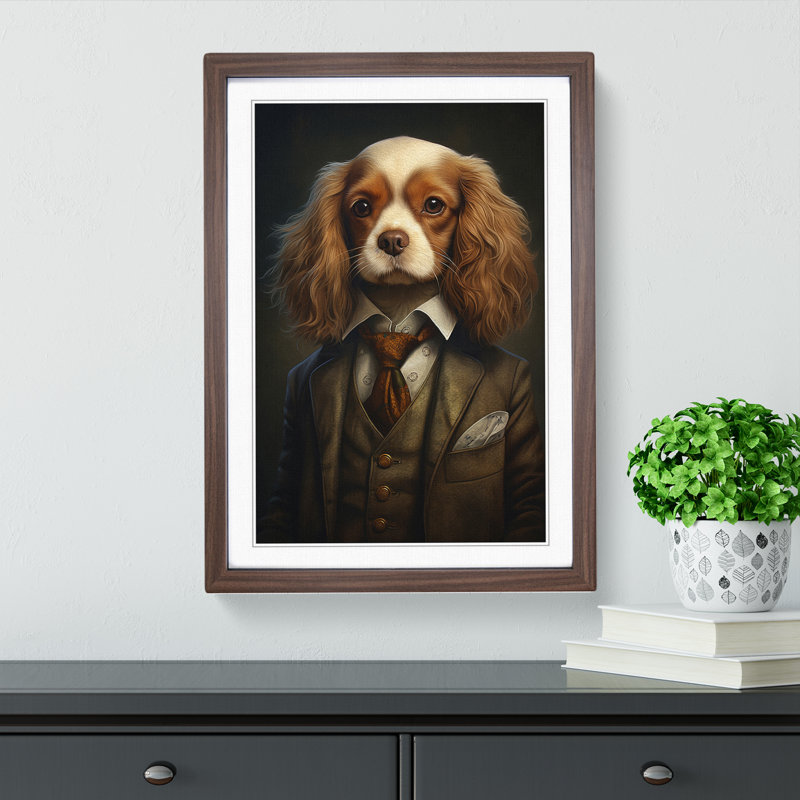 Cavalier King Charles Spaniel in a Suit Painting - Framed Print, 46cm H x 34cm W x 2cm D, Walnut