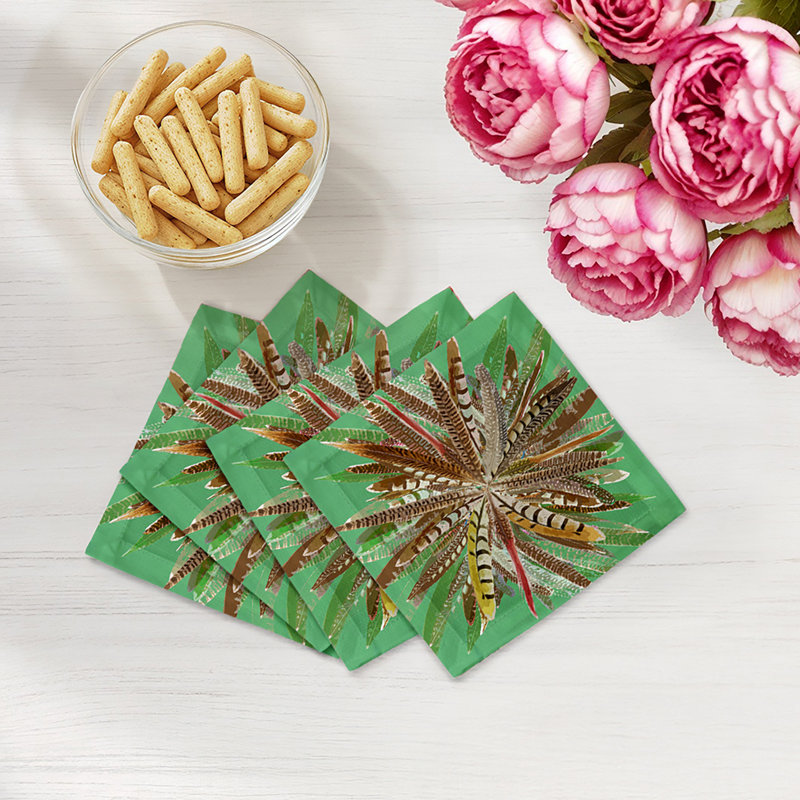 Pheasant Feathers Cotton Sateen Cocktail Napkins, Green
