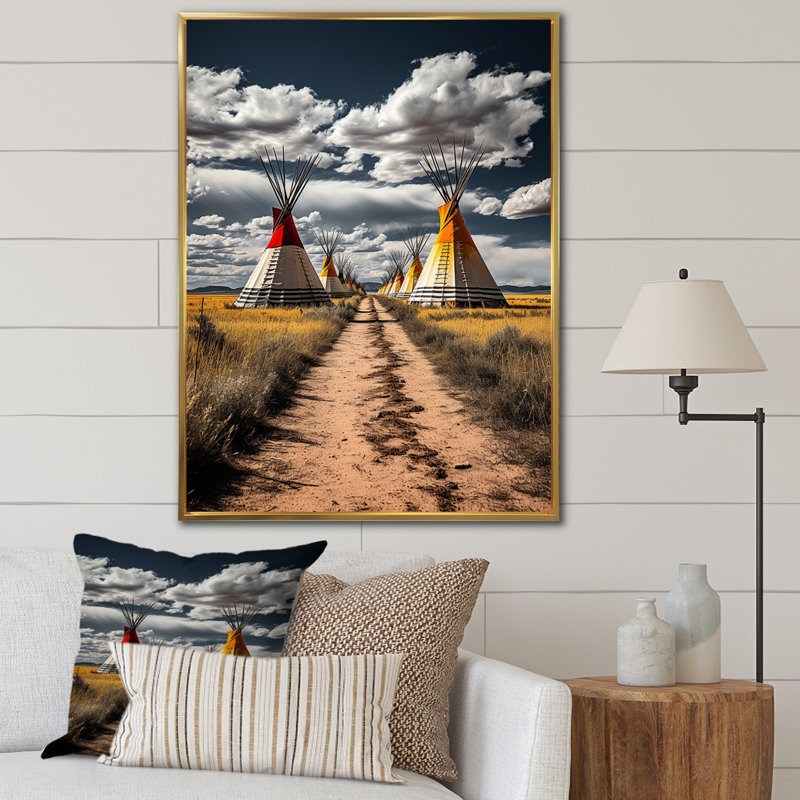 «Yellow Native Tipi Path to Spirituality I», reproduction sur toile, H 20 po x l 12 po x P 1 po, Cadre flottant doré