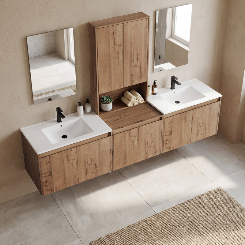 84" Floating Double Bathroom Vanity with Upper Cabinet, Ceramic Sink and Handle-Free Design, 84"