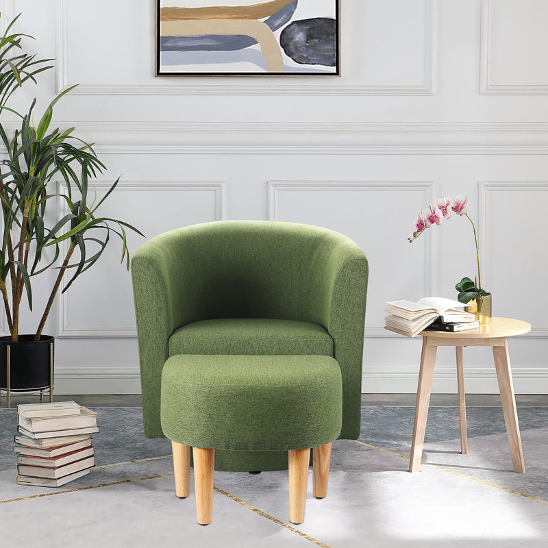 Upholstered 27" Wide Barrel Chair with Ottoman, Green Linen Blend