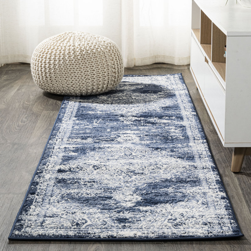 Pruden Ornate Medallion Modern Navy/Ivory Rug, Runner 2'2" x 8'