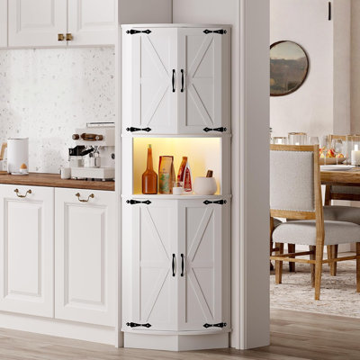 White 65" Tall Farmhouse Corner Cabinet with LED Light, Freestanding Display Storage Cabinet with Barn Door, 5 Tier Shelves and USB Ports & Outlets, Space Organizer for Living Room, Bar, Kitchen
