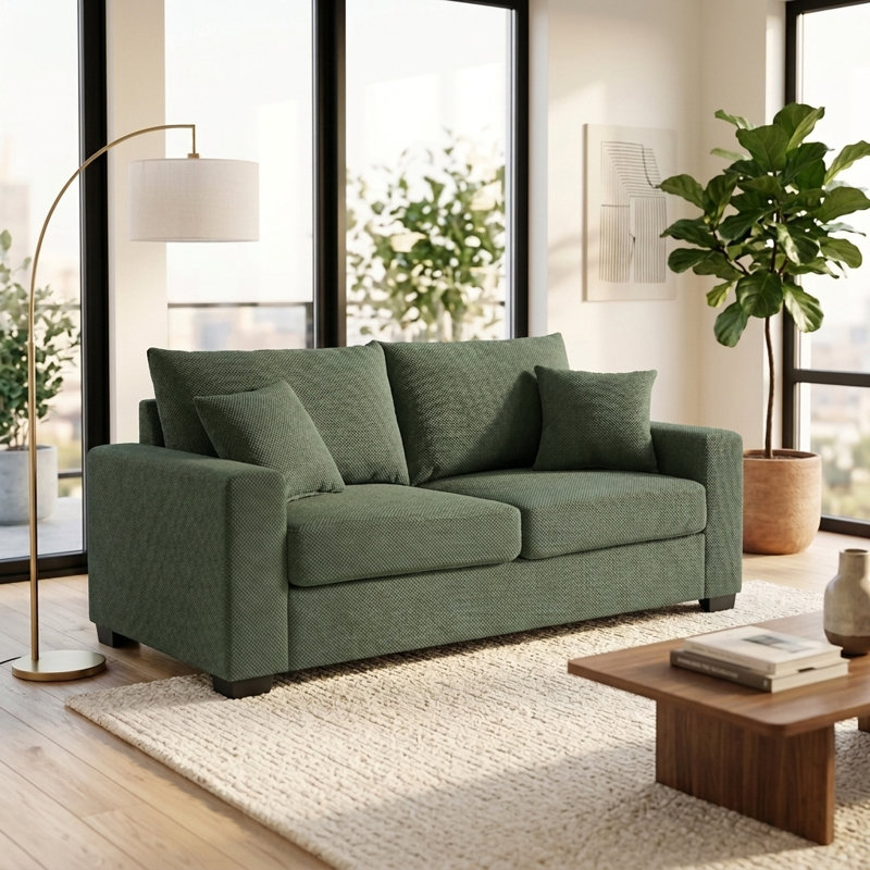 Canapé 69 po avec coussins décoratifs et tissu texturé 69 po, Dark Green