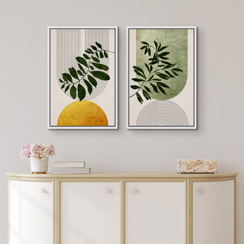 White Framed Geometric Green and Yellow Abstract Canvas Art Set