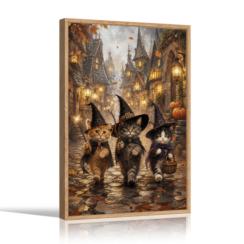 «Three Witch Kittens In Autumn Fantasy Village», art mural sur toile, H 36 po x l 24 po