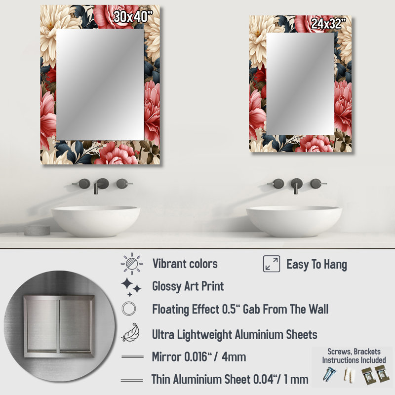 Sumar Beige Vintage Charm Floral Pattern - Floral Decorative Mirror, Cottage Wall Mirror, Printed Metal Art, 32" x 24"
