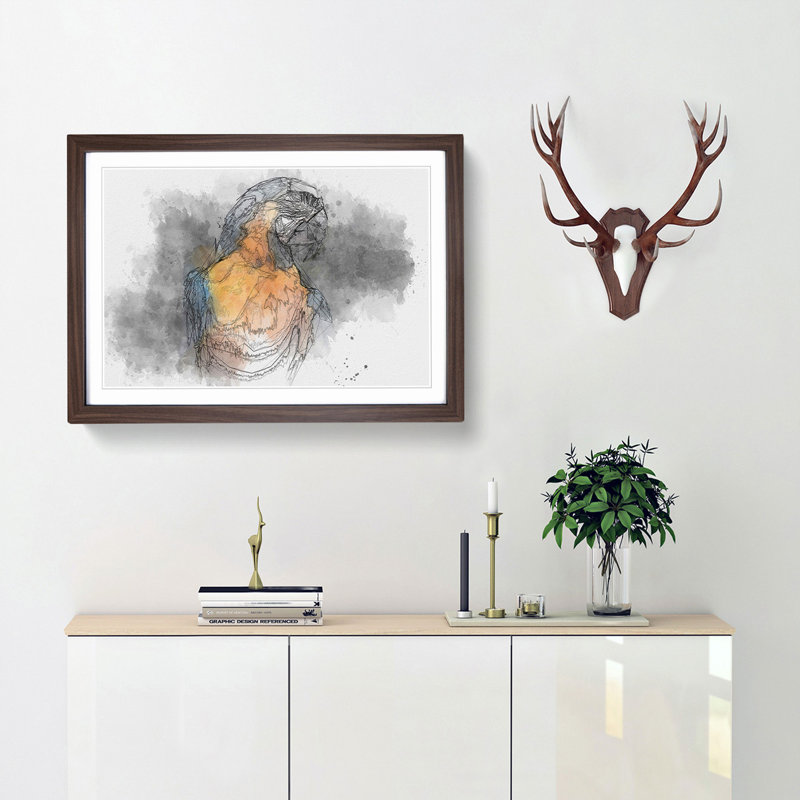 Blue and Yellow Macaw Parrot in Abstract - Picture Frame Drawing Print, Walnut Framed, 36cm H x 48cm W x 2cm D