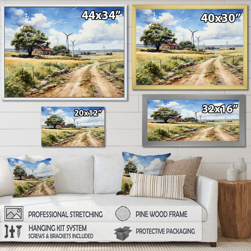 «Barn Wind Turbines Meadow Whispers», reproduction sur toile, H 12 po x l 20 po x P 1 po, Cadre doré à une seule photo