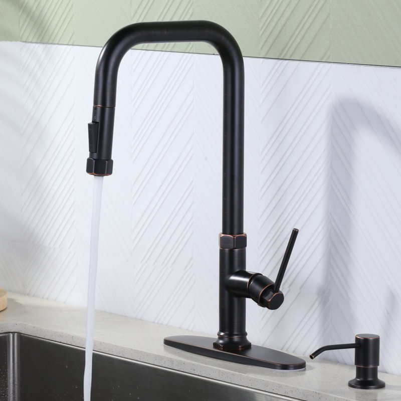 ARCORA Single Handle Pull Down Kitchen Faucet with Soap Dispenser and Deck Plate, Oil Rubbed Bronze