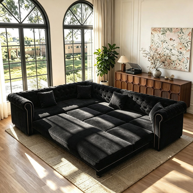 Canapé d'angle en velours de luxe avec lit escamotable, canapé-lit convertible 3 en 1 avec boutons capitonnés, Black