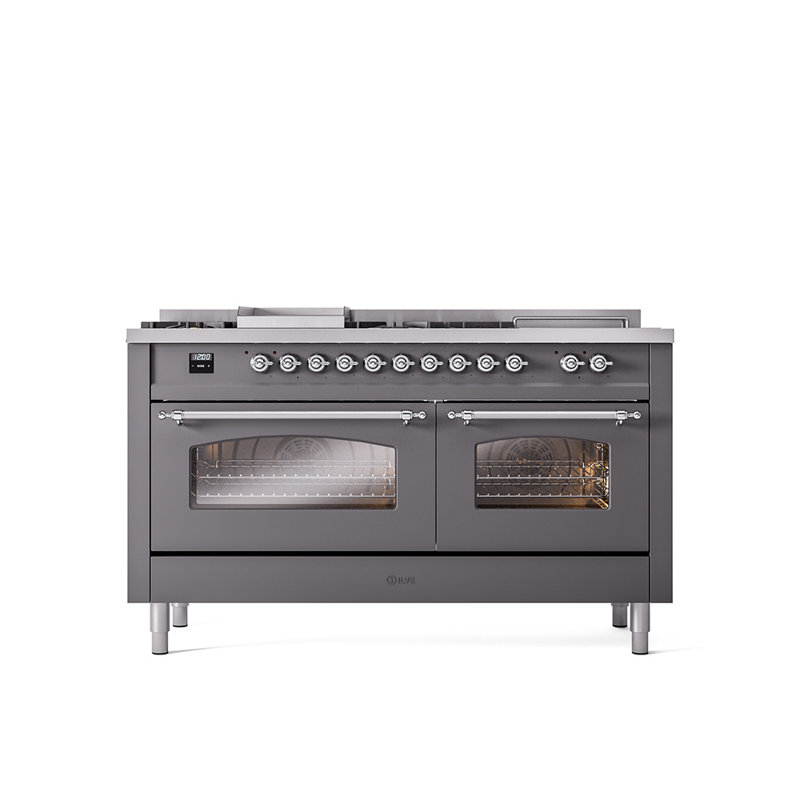 ILVE Nostalgie II Series 60 inch Dual Fuel Range with 5 Sealed Burners, Griddle, Frenchtop (Glass Door), Natural Gas