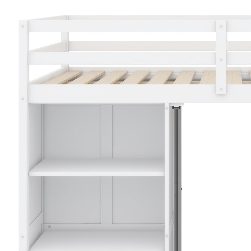Lit mezzanine avec garde-robe, bureau et tablettes, Blanc
