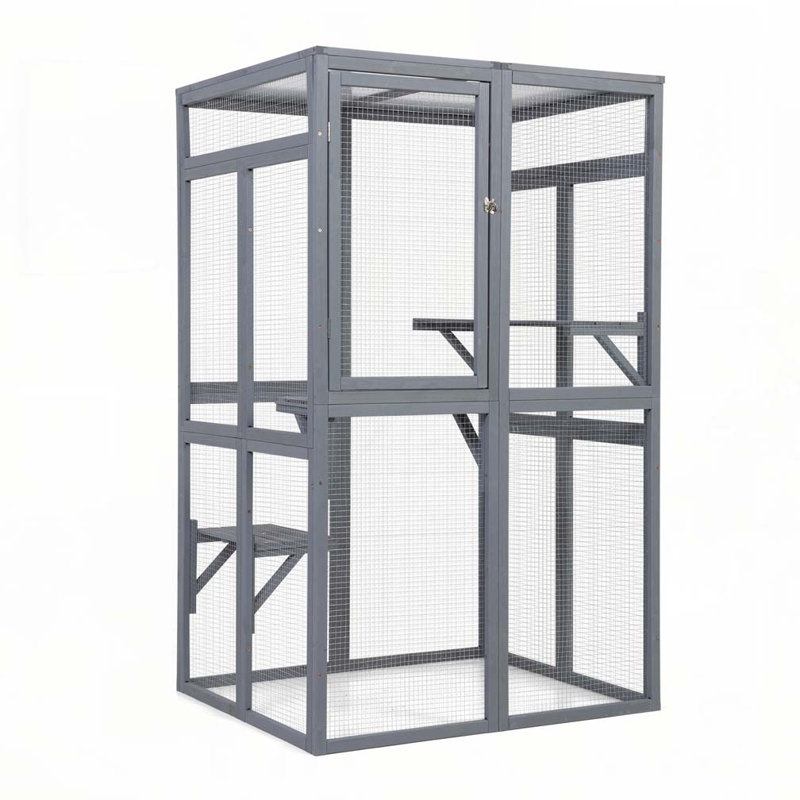 Catio en bois, enclos pour chat extérieur, maisonnette pour chat avec plateformes, planche de soleil, hamac, porte, cage de chaton, gris