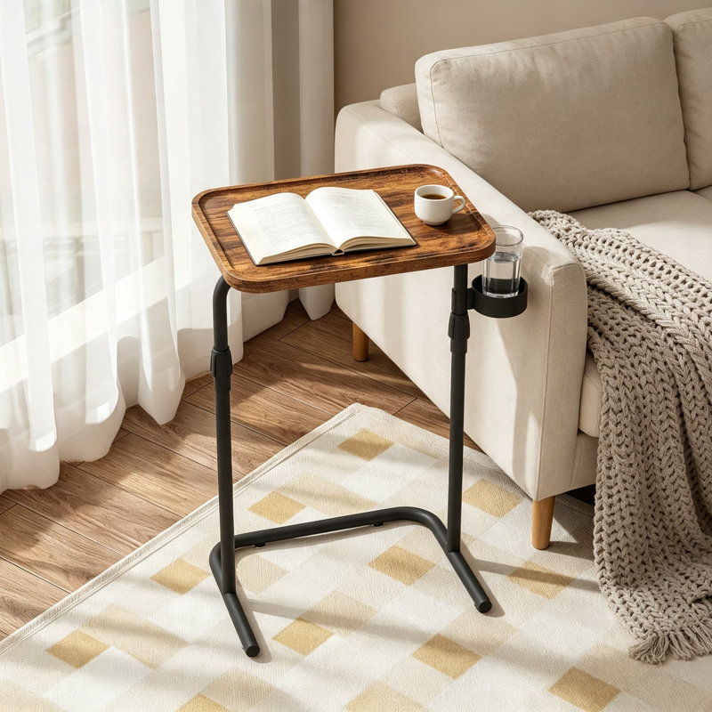 Table de bout en C avec surface inclinable en C, ensemble de 2, table d'appoint à hauteur réglable, plateau coulissant pour table sous le canapé pour manger, plateau pour canapé de salon, chambre à coucher, brun
