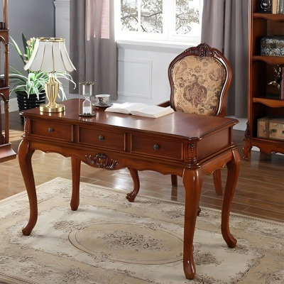 Bureau rectangulaire à 3 tiroirs en bois massif brun noisette