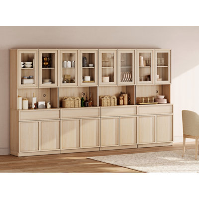 Buffet en bois de 126 po de largeur avec portes en verre, tiroirs et tablettes réglables, armoire de rangement en verre de 72 po pour la cuisine de la salle à manger