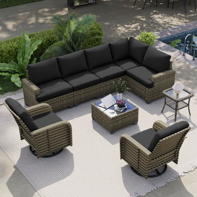Ensemble de patio 9 pièces en résine tressée PE avec coussins de 10 cm et chaises pivotantes