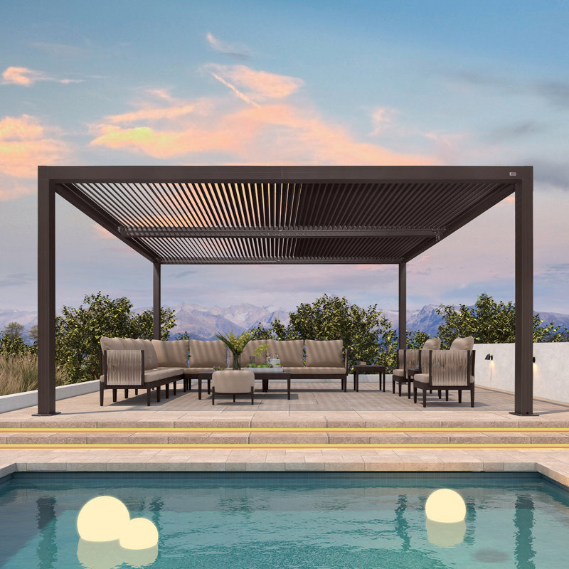 16 Ft. W x 12 Ft. D Aluminum Pergola with Roller Shade, 1 Long Side and 1 Short Side