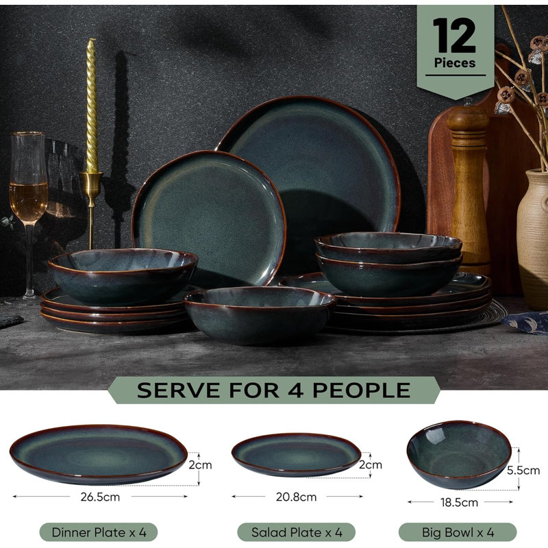 Stoneware Dinnerware - Service for 4, Blackish Green
