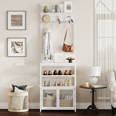 Hall Tree with Doors in White - 72.8-Inch Narrow Coat Rack Shoe Storage with 7 Hooks for Entry Area, Bedroom or Mudroom