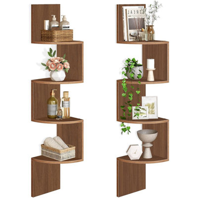 Set Of 2 Walnut Floating Corner Shelves – 4-tier Wall-mounted Corner Bookshelves For Living Room, Bedroom, Bathroom & Home Office