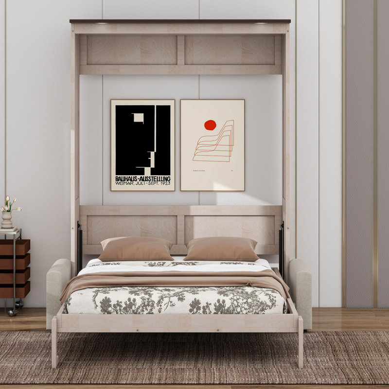 Grand lit escamotable avec canapé et lumières DEL, armoire murale peu encombrante, bois de pin massif robuste et cadre en bois aggloméré