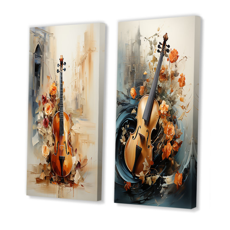 Violon rétro Melody I - ensemble de 2 décorations murales musique rétro, Toile tendue, H 40 po x l 41 po