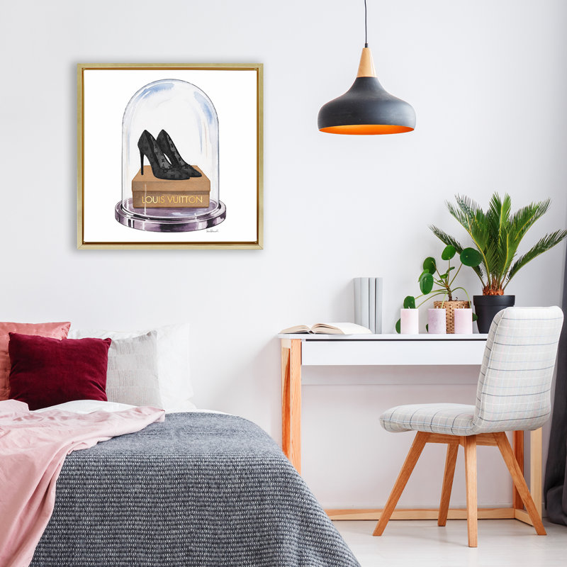 Black Heels in Bell Jar Floating Frame, design by Amanda Greenwood, Metallic Gold Floater Framed, 18" H x 18" W