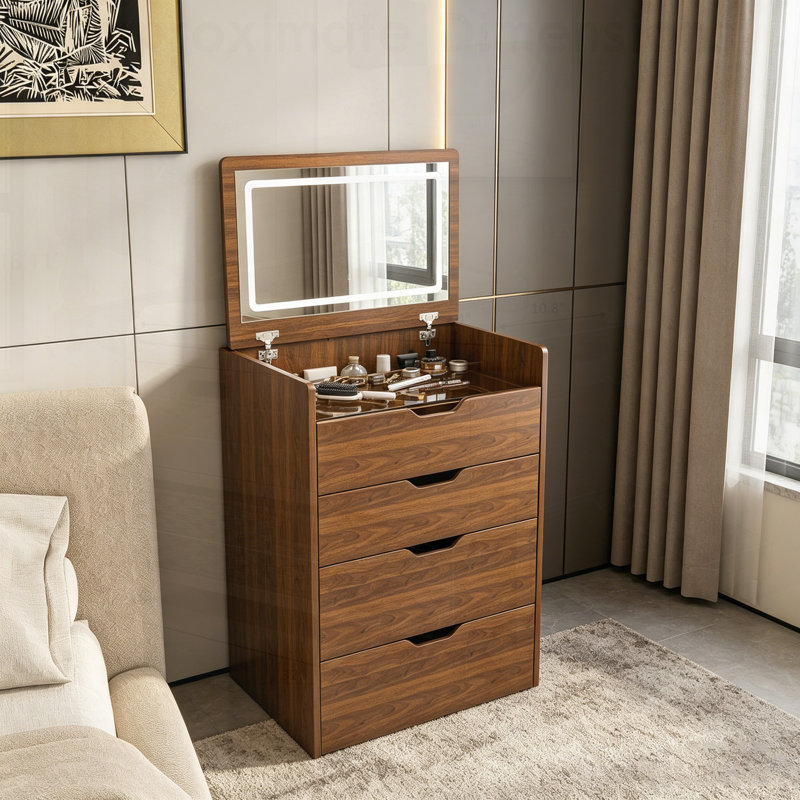 Bureau de coiffeuse 3 en 1 avec miroir éclairé et tabouret de rangement, coiffeuse compacte pour la chambre à coucher, la salle de bain ou le vestiaire