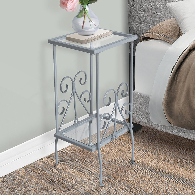Table d'appoint, table d'appoint, table de bout, table de chevet, lampe, verre trempé, métal gris, transitionnel
