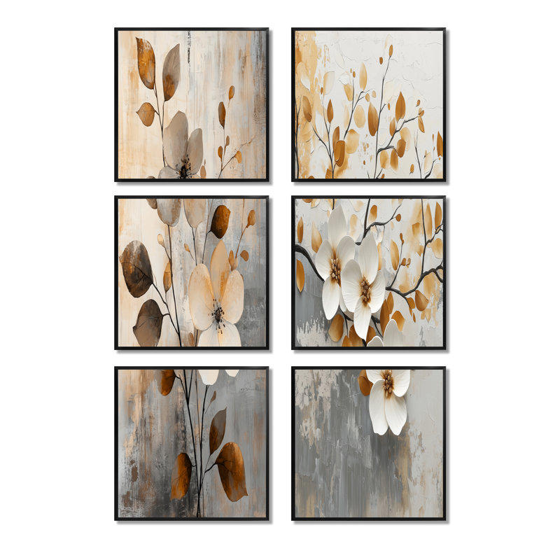 Fleurs de cerisier orange gris botanique - ensemble de 6 reproductions d'art sur toile Cherry Blossom, Noir