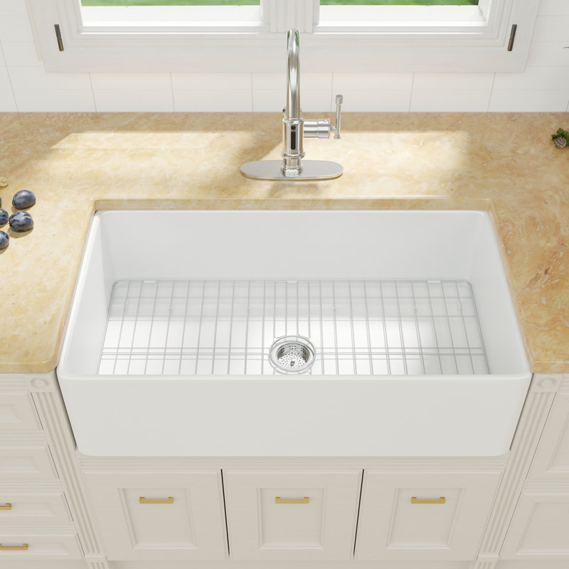 Évier de cuisine en argile réfractaire 20 "avec grille d'évier et crépine, H 10 po x l 20 po x L 36 po, Blanc