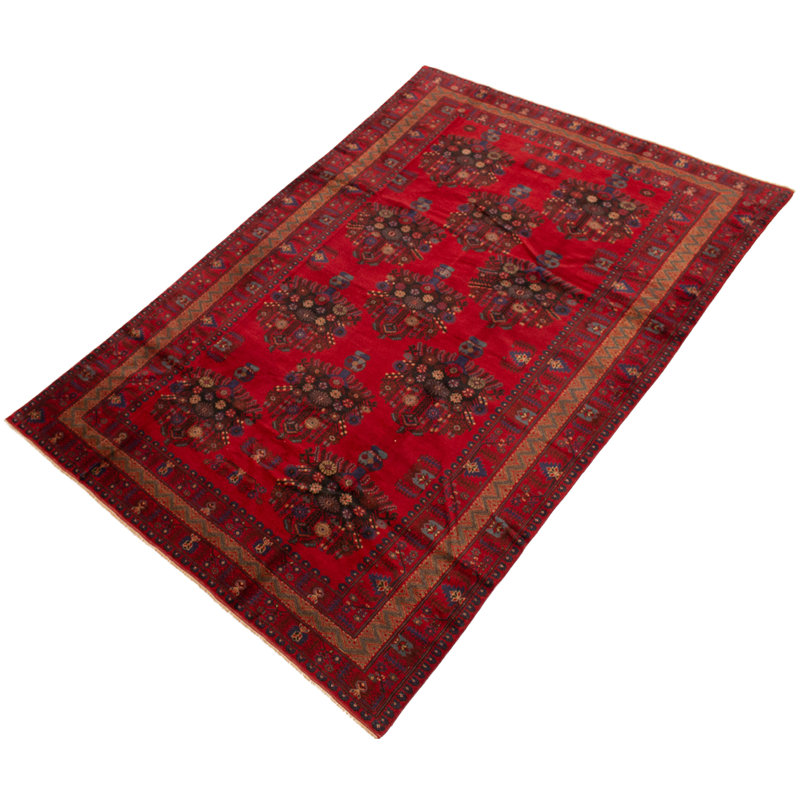 Tapis unique en laine noué à la main rouge Rizbaft 6 pi 7 po x 9 pi 7 po Pinckard