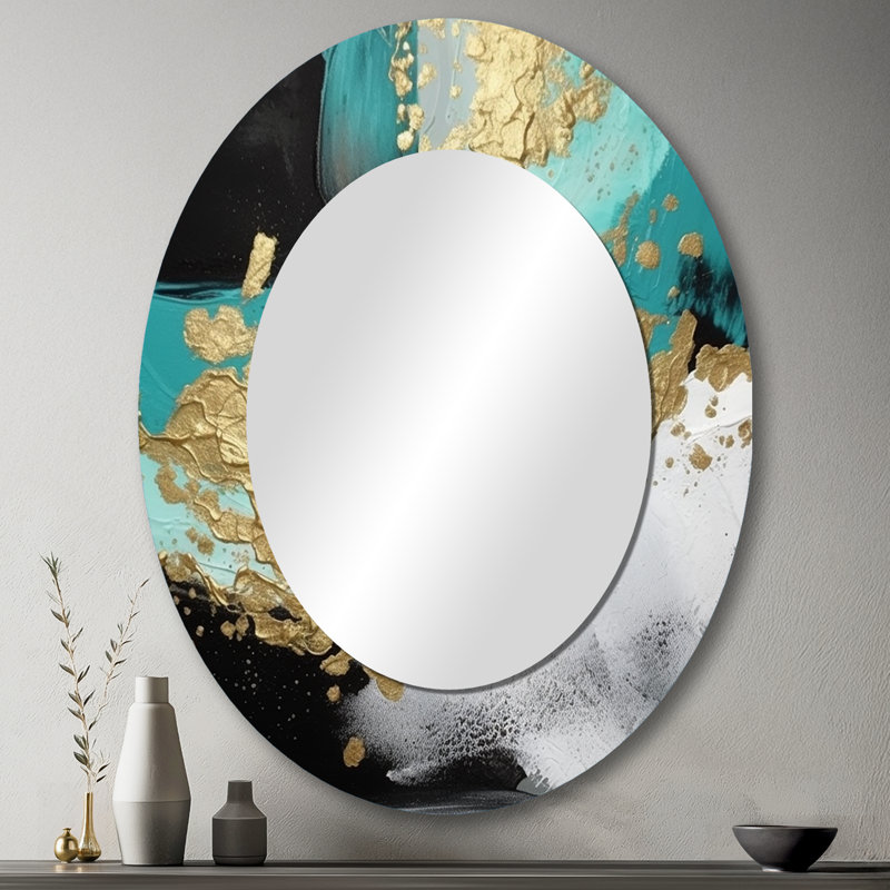 Full Moon Happiness Gold & Turquoise Abstract I - Blue Oval Wall Mirror Decor, 43" x 33"