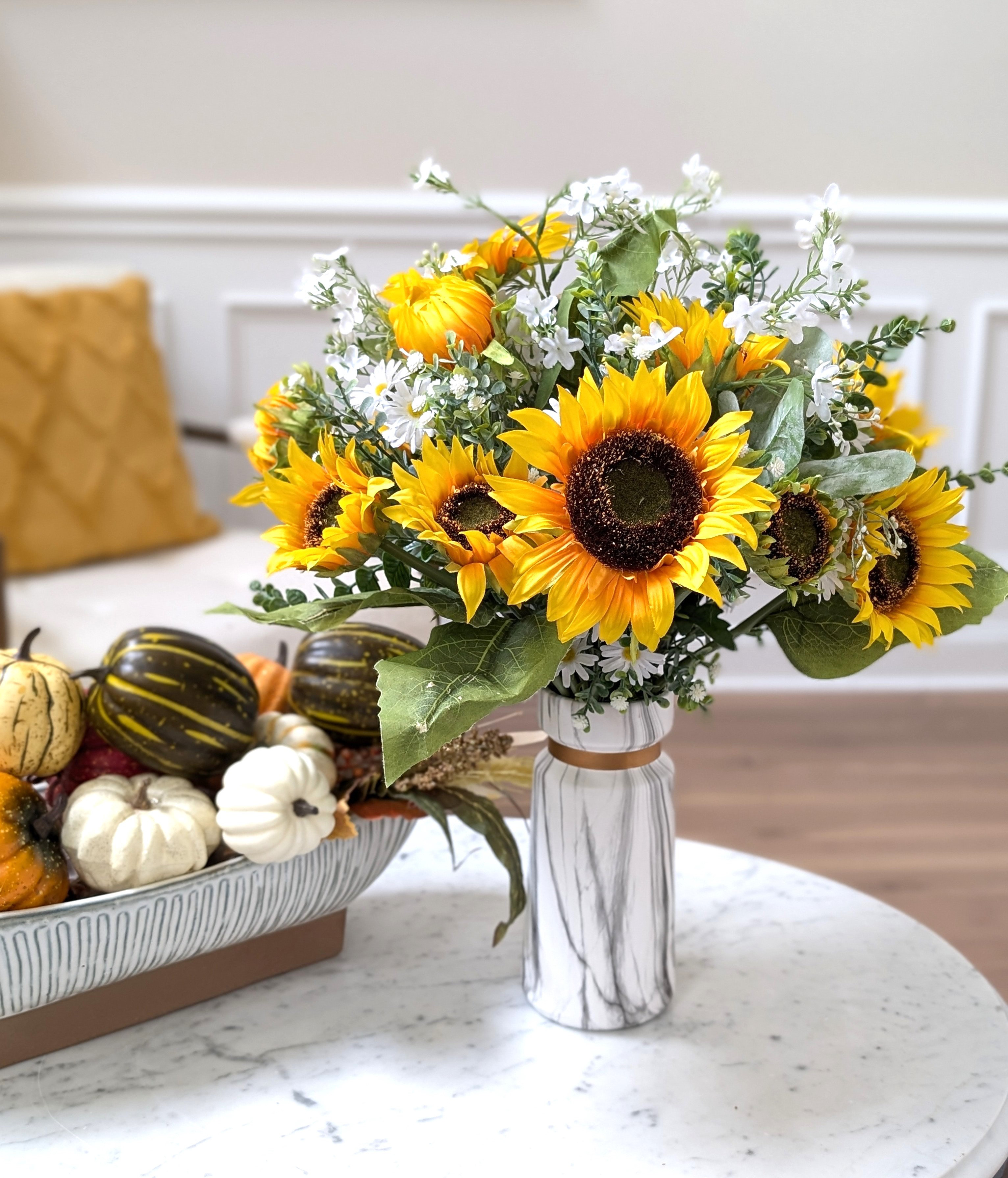 Primrue Sunflower in Faux Marble Silk Arrangement in Vase | Wayfair, image size:3064x3578