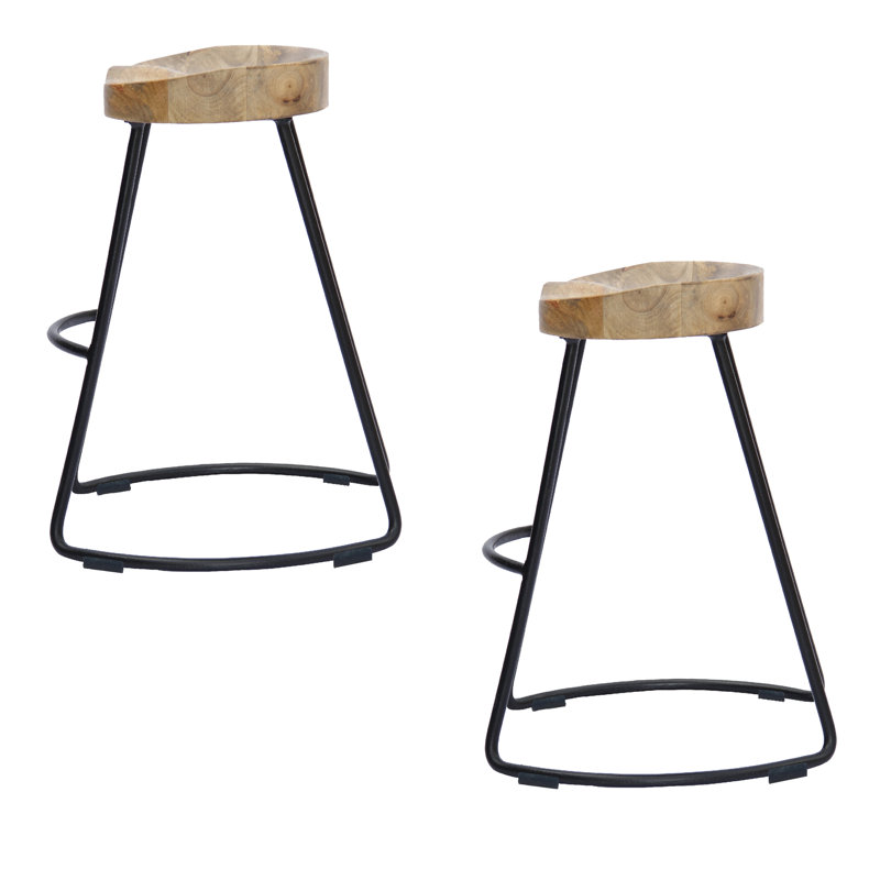 24 Inch Mango Wood Industrial Counter Height Stool, Saddle Seat, Iron, Set of 2, Brown, Black, Bar Stool (30" Seat Height), 2