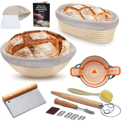 Sourdough Bread Starter Kit - 9 Inch Round And 10 Inch Oval Sourdough Proofing Baskets With Silicone Bread Sling, Long 13 Inch Dough Whisk, Dough Scrapers, Bread Lame, And A Cleaning Brush