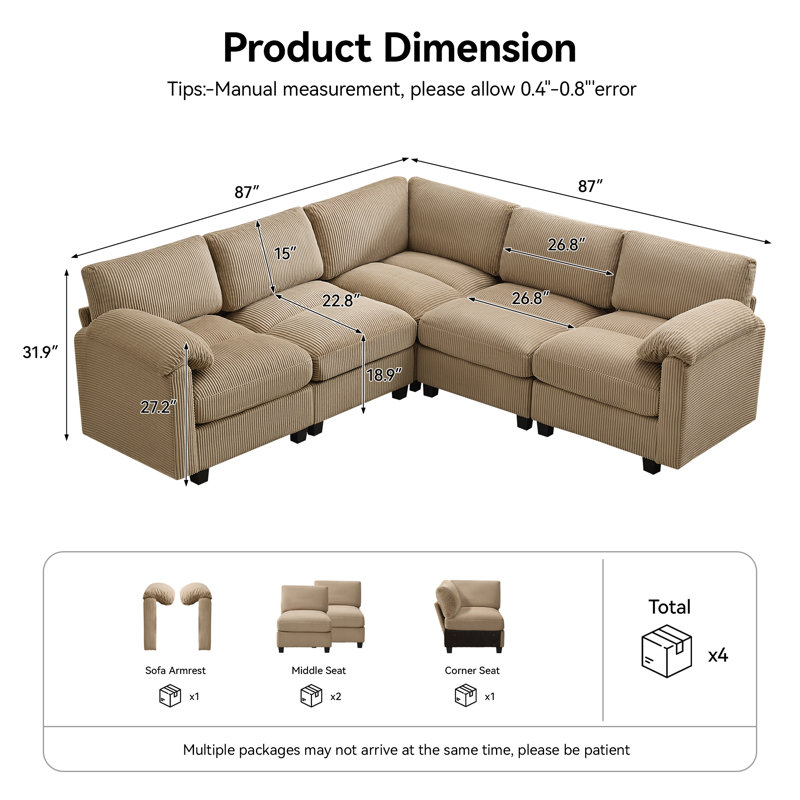 Canapé modulaire 5 places avec accoudoirs coussinés, Chenille chameau