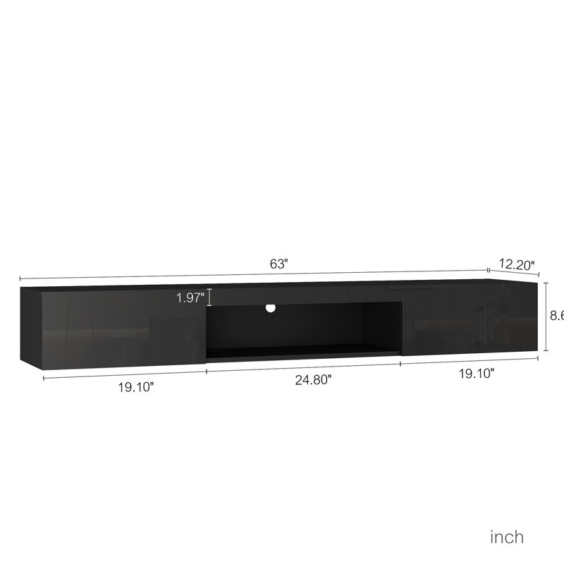 Meuble télé noir flottant avec 16 éléments décoratifs de couleur et de commodité 65 po, Noir