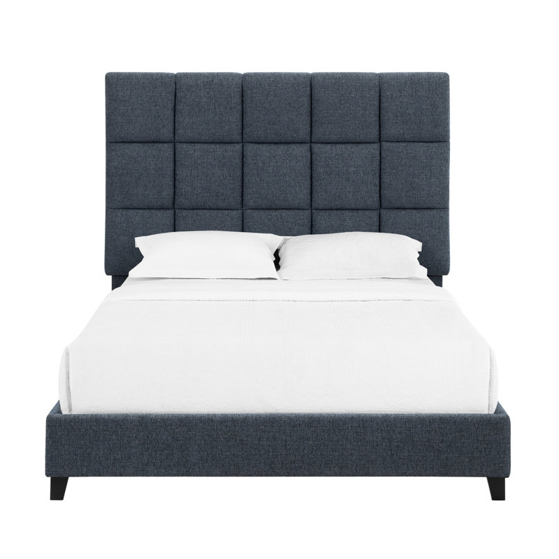Lit contemporain avec tête de lit rembourrée et lattes de soutien modernes en denim bleu marine