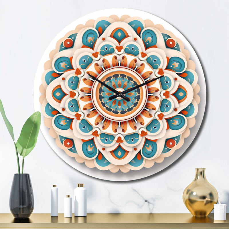 Horloge murale en métal - Mandala sacré en bleu et orange rétro, Grand