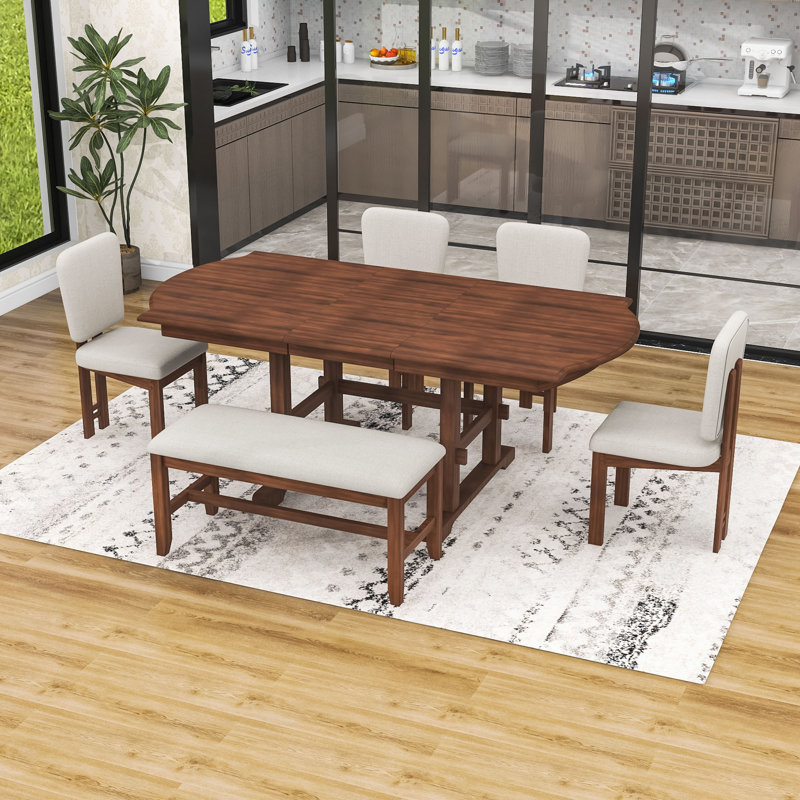 Ensemble de table de salle à manger 6 pièces, table extensible en bois avec rallonge amovible, chaises rembourrées et banc