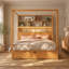 Lit à baldaquin en bois massif avec tête de lit bibliothèque, prises USB et éclairage DEL RVB intelligent, sommier avec rangement sous le lit, tiroir au pied du lit et garde-robe réversible, finition noyer-945022950-945022955